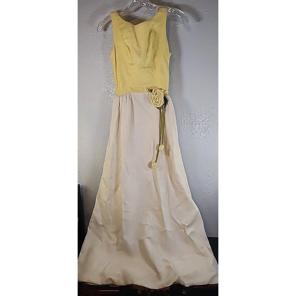 Vintage 60s Yellow Green Floral Appliqué‎ Maxi Dress Formal Garden Party Hippie